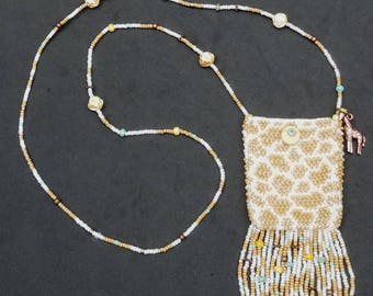Giraffe bead knit necklace purse amulet bag with fringe