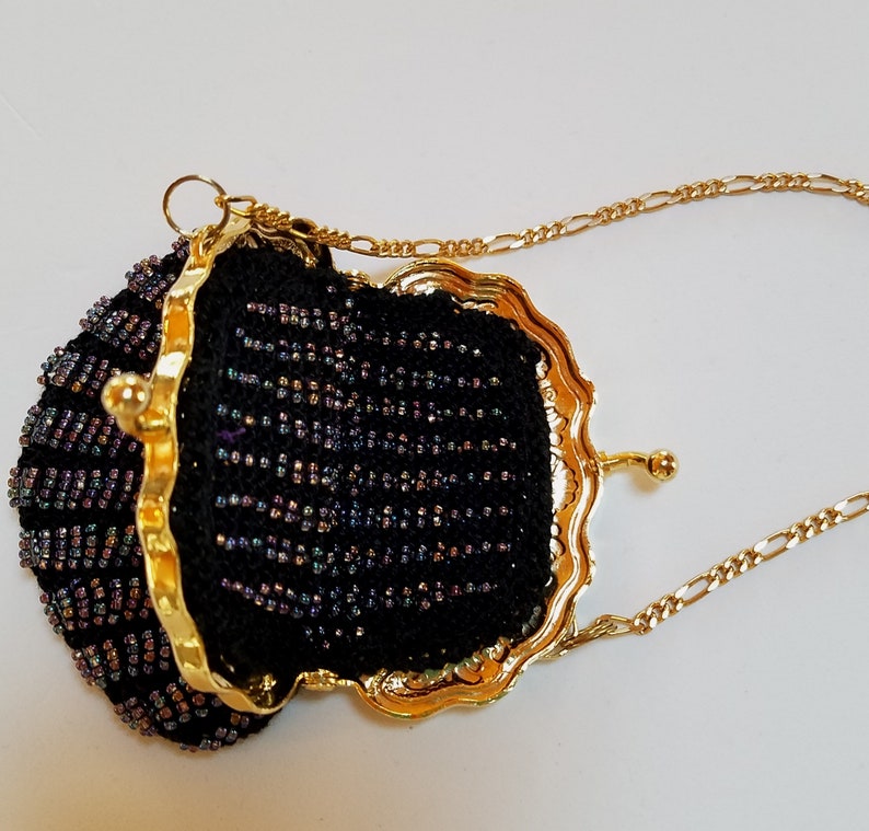 The Victoria doll purse bead knit wrist purse in black thread and purplemulti beads with gold frame handmade child/'s purse