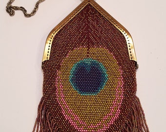 The "Peacock" bead knit purse in copper/brown/gold with peacock feather detail