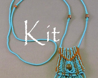 Brigitte Kit, a beaded knit necklace purse (turquoise beads/tan thread)