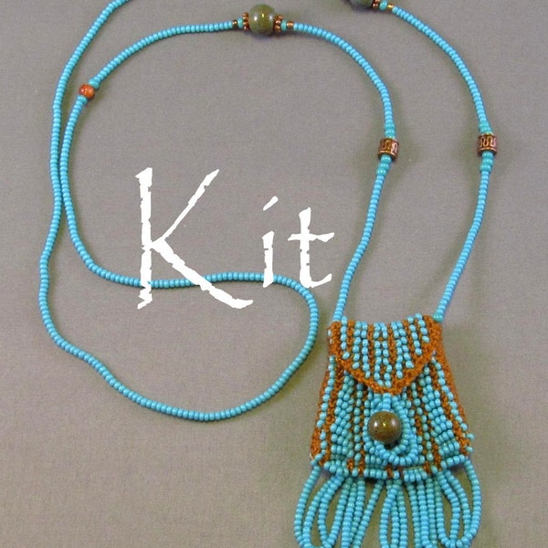 Brigitte Kit, a beaded knit necklace purse (turquoise beads/tan thread)