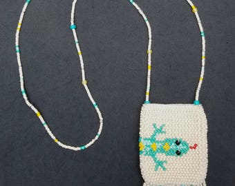 The "Tucson", a fun little necklace purse amulet bag with lizard front and back, bead knit handmade with fringe