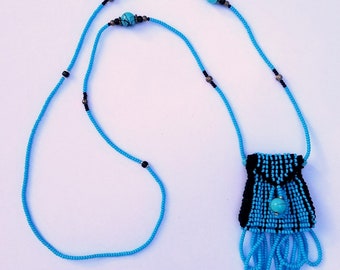 Brigitte style necklace purse, amulet bag, bead knit in black and turquoise