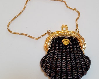 The "Victoria" doll purse, child's purse, wrist purse in black thread and purple/multi beads with gold frame, bead knit, handmade