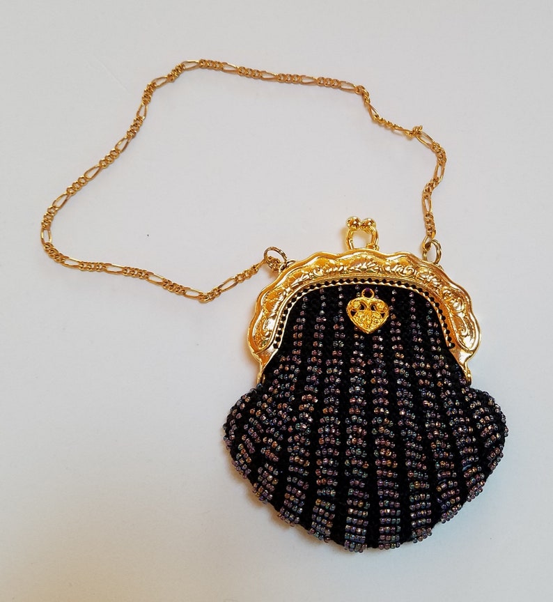 The Victoria doll purse bead knit wrist purse in black thread and purplemulti beads with gold frame handmade child/'s purse