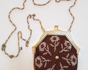 Brown "Sierra" style round purse with shoulder length chain in gold, bead crocheted and handmade