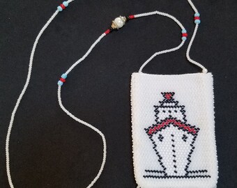 Cruise Ship necklace or amulet bag, or pendant bag, bead knit with beaded chain