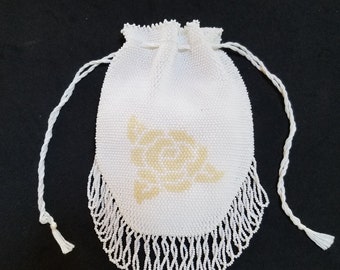 Pasadena Style drawstring purse, bead knit, handmade with a rose motif