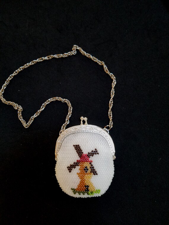 The Victoria doll purse bead knit wrist purse in black thread and purplemulti beads with gold frame handmade child/'s purse