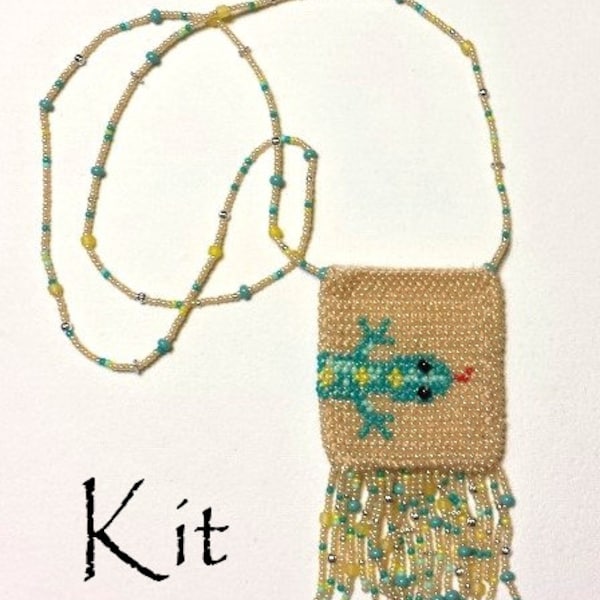 Kit for Cute Lizard Necklace Purse or Amulet Bag in Bead Knitting