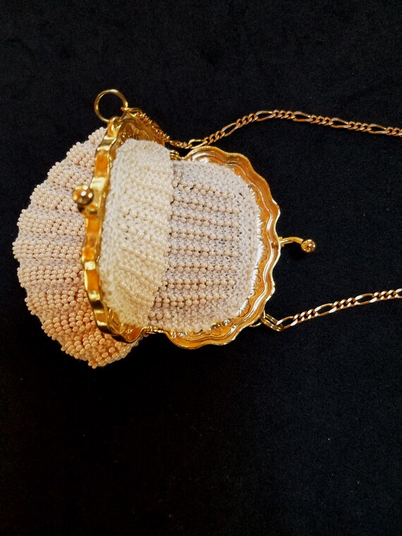 The Victoria doll purse bead knit wrist purse in black thread and purplemulti beads with gold frame handmade child/'s purse