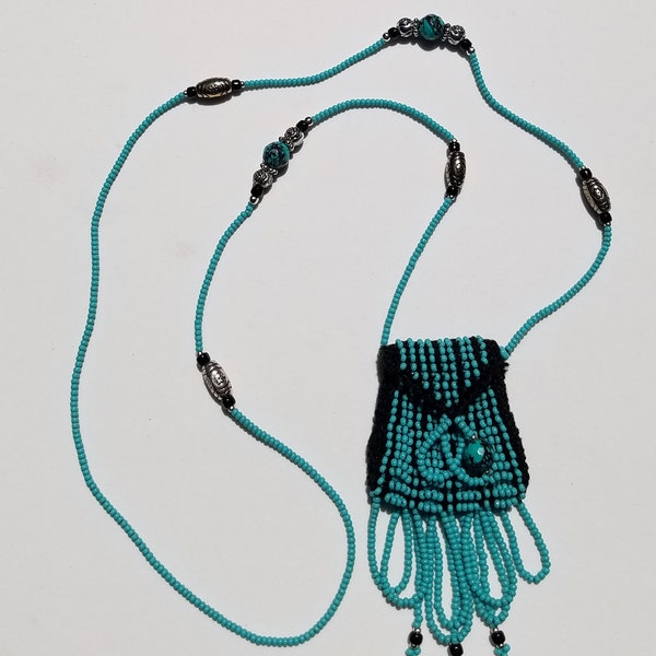 Brigitte-Style necklace purse, amulet bag, handmade, bead knit in turquoise and black