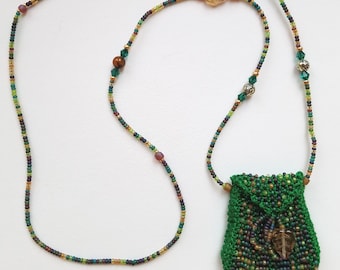 Green Multicolored Brigitte style necklace (flap in front), bead knit, with glass leaf accent beads