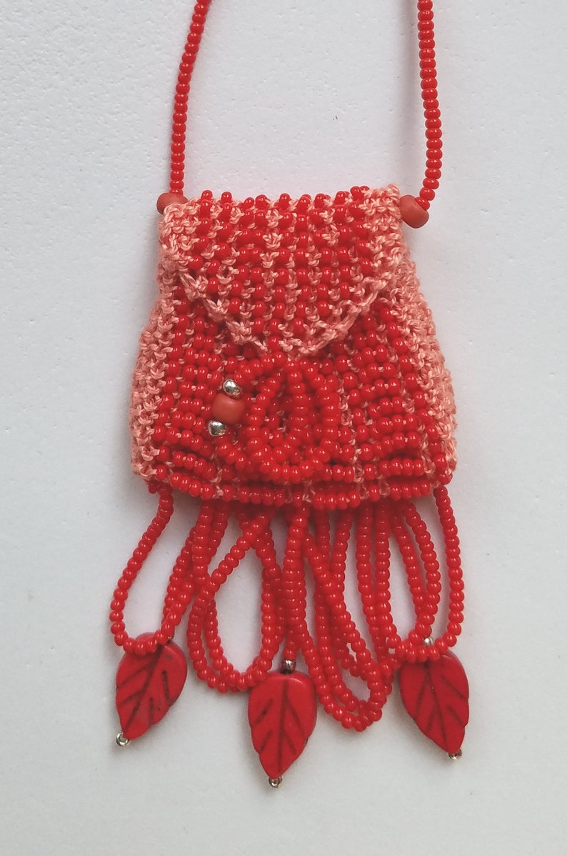 Orange Necklace Purse, Amulet Bag, Bead Knit With Leaf Bead Accents