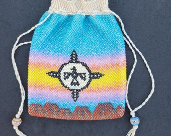 Southwest Style Bead Knit Drawstring Purse