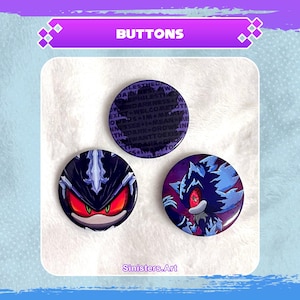 May include: Three round buttons with cartoon character designs. One button has text, another features a character with red eyes and a menacing expression, and the third has a character with blue and purple accents. The word "Buttons" is at the top.