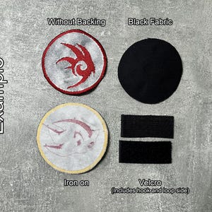May include: Image shows patches with a red and silver design, a black fabric circle, and two black Velcro strips. One patch is labeled "Without Backing", another "Iron on". The text "Example" is on the left. The Velcro is labeled "(Includes hook and loop side)".