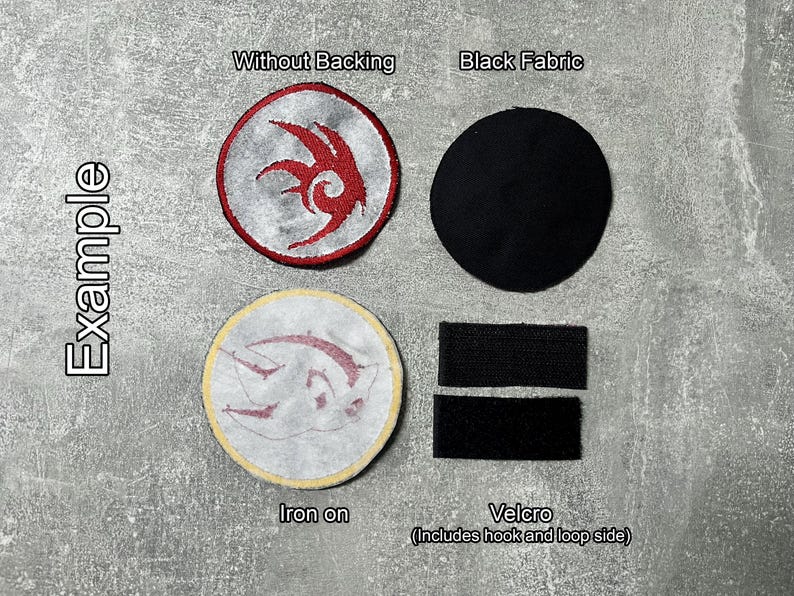 May include: Image shows patches with a red and silver design, a black fabric circle, and two black Velcro strips. One patch is labeled "Without Backing", another "Iron on". The text "Example" is on the left. The Velcro is labeled "(Includes hook and loop side)".