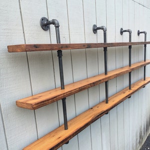 Industrial Three Shelf Bookcase with Reclaimed Wood Open Kitchen Shelf Wall Mounted Black Iron Pipe