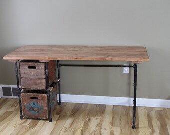 Reclaimed Wood Desk with Iron Pipe Base and Optional Crate Drawer