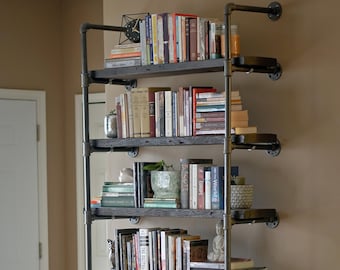 The Atwood Wall Mounted Plank Bookcase - Reclaimed Wood Bookshelf Pipe Wall Bookshelf Shelf Built In