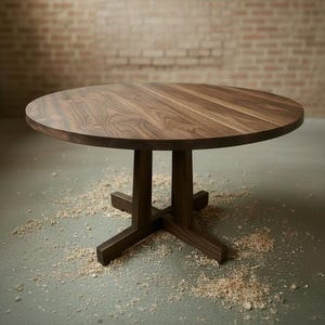 May include: A round dining table crafted from dark brown walnut wood with a visible natural grain pattern. The table features a smooth circular top supported by a central pedestal base with four intersecting legs that extend outward at the bottom.