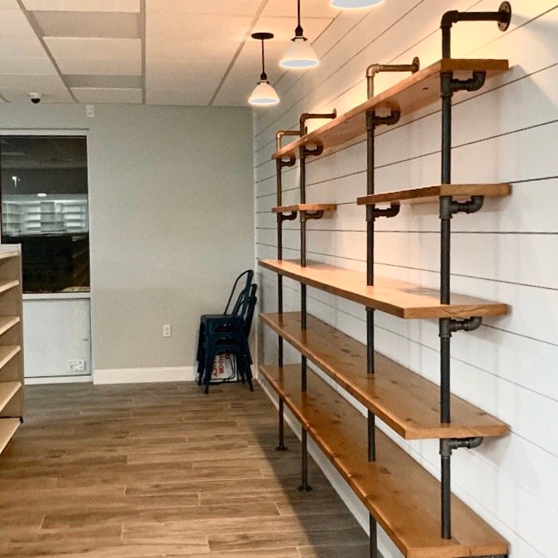 Wall Bookshelf, Built In Bookcase with Desk, Industrial Shelf with Reclaimed Wood Shelves, Steel Shelf Supports Bild 4