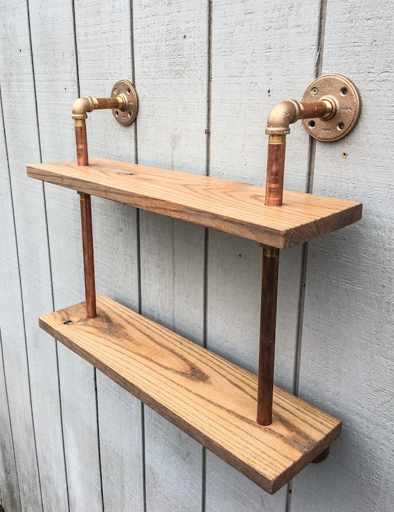 Copper Pipe Bookshelf Reclaimed Wood Wall Mount Brass Etsy