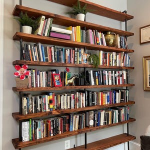 Custom Industrial Bookshelf, Reclaimed Wood, Wall Mounted Pipe Shelving image 1