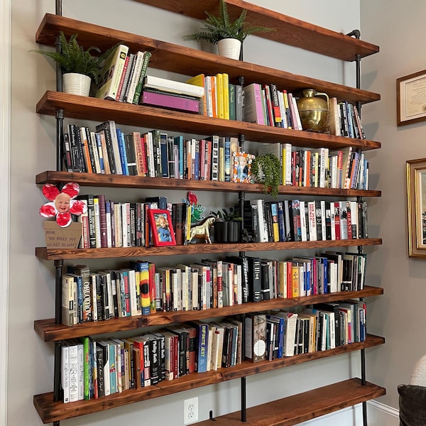 Custom Industrial Bookshelf, Reclaimed Wood,  Wall Mounted Pipe Shelving