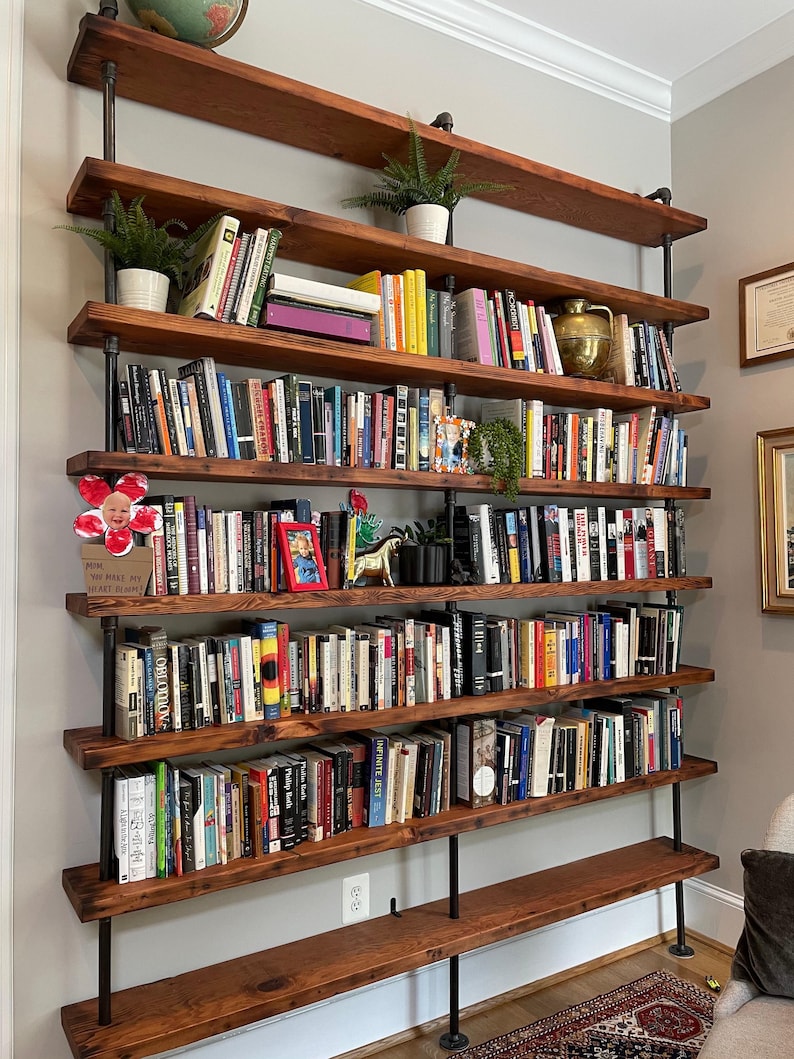Custom Industrial Bookshelf, Reclaimed Wood, Wall Mounted Pipe Shelving image 1