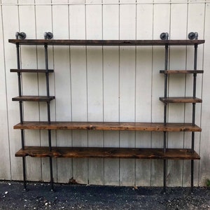 Reclaimed Wood Bookshelf with Metal Supports & Rolling Ladder