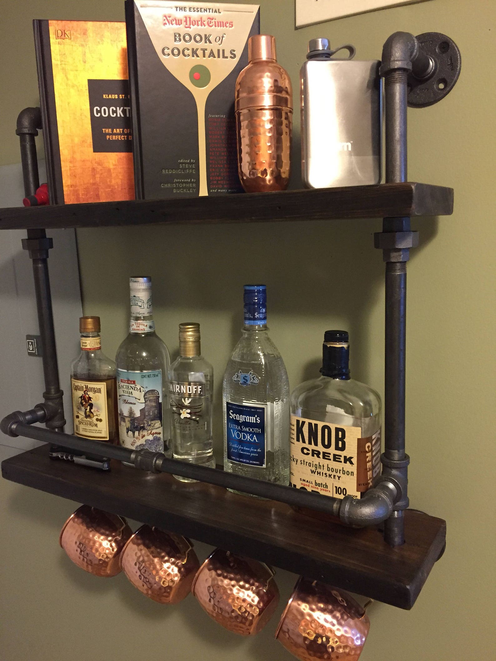 Reclaimed Wood and Pipe Bar Shelf with Wine Glass Rack and Etsy