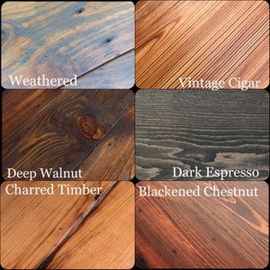 May include: A collage of wood samples showing different wood stains. The stains are labelled "Weathered", "Vintage Cigar", "Deep Walnut Charred Timber", "Dark Espresso Blackened Chestnut".