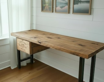 Reclaimed Wood Desk with Iron Pipe Base and Optional Crate Drawer