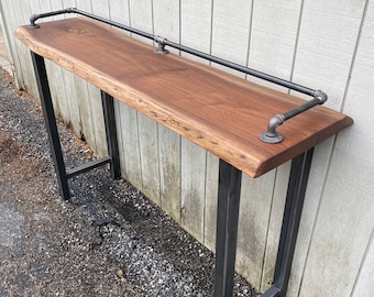 Reclaimed Walnut Sofa Table: Live Edge Bar Table with Black Metal Legs