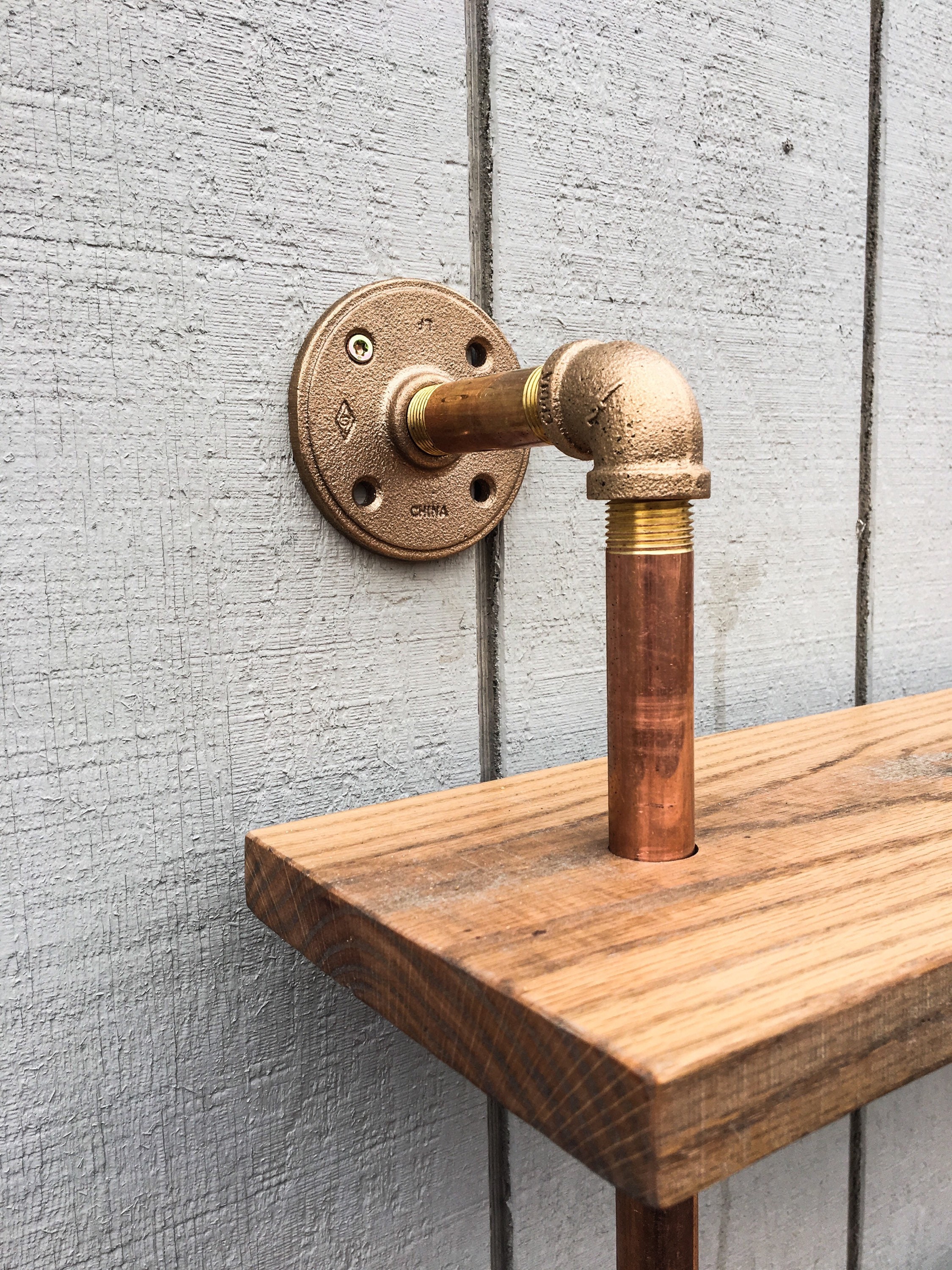 Copper Pipe Bookshelf Reclaimed Wood Wall Mount Brass Etsy