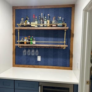 Reclaimed Wood Bar Shelf: Brass & Copper Pipe, Wine Glass Rack