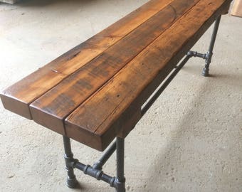 The Foundry Bench Reclaimed Wood Beam Rustic Bench - Dining Table Bench - Wood and Pipe Bench
