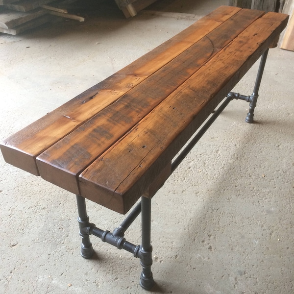 The Foundry Bench Reclaimed Wood Beam Rustic Bench - Dining Table Bench - Wood and Pipe Bench