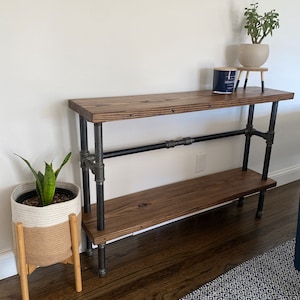 Reclaimed Wood Sofa Table and Industrial Console Shelf with Black Pipe Minimalist Table