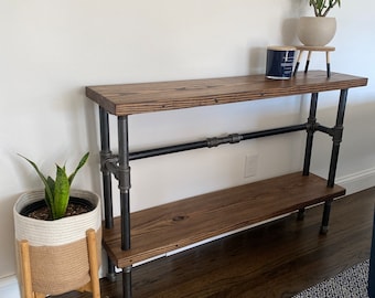 Reclaimed Wood Sofa Table and Industrial Console Shelf with Black Pipe Minimalist Table