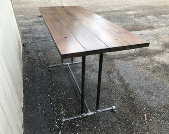 Rustic Bar Table with Reclaimed Wood and Iron Pipe Base, Available in Counter Table Height or Dining Table Height