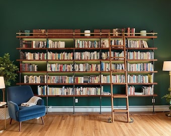 Industrial Reclaimed Wood Shelving Unit, Home Library Rustic Book Shelf with Ladder, Custom Home Office