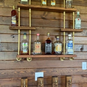 Custom Brass Pipe Bar Shelf - Ceiling Mounted Gold Bar Shelf - Floating Shelf glass shelf