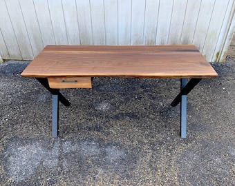 The Essential Desk Solid Walnut Slab Desk with Drawer and X Leg