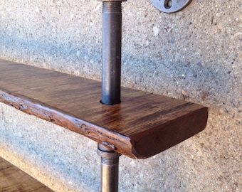 Reclaimed Wood and Pipe Bookshelf - Double Living Edge Steampunk Shelf