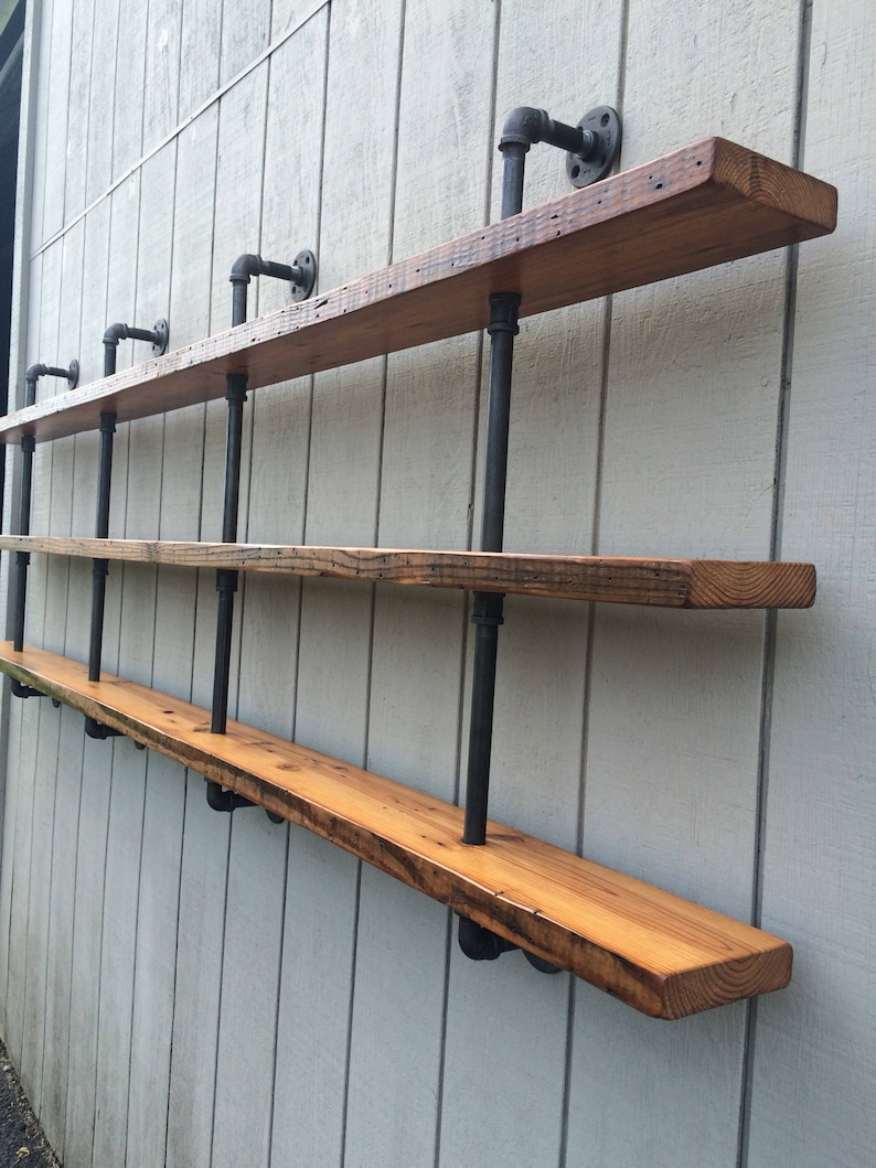 Iron Pipe Bookshelf Industrial Shelf with Reclaimed Wood Wall Etsy