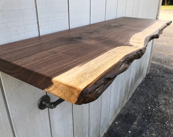 Reclaimed Wood Live Edge Wall Mounted Bar Table - Floating Shelf