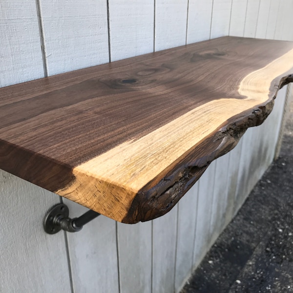 Reclaimed Wood Live Edge Wall Mounted Bar Table - Floating Shelf